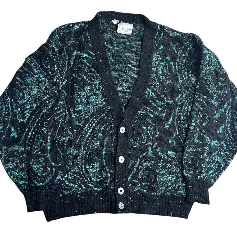 Vintage Cambio Italia Cardigan Sweater Black Teal Abstract‎ Knit Button Front